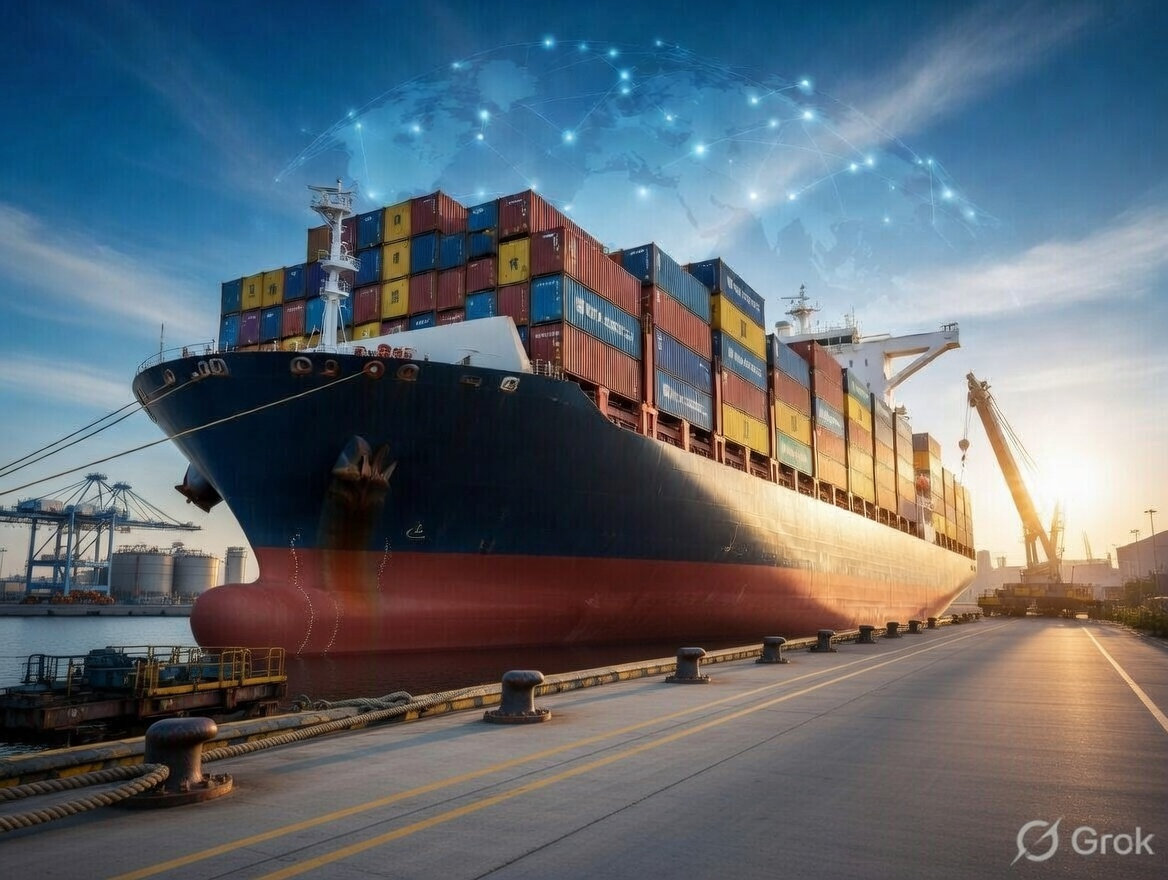 Container cargo ship sailing across deep blue ocean