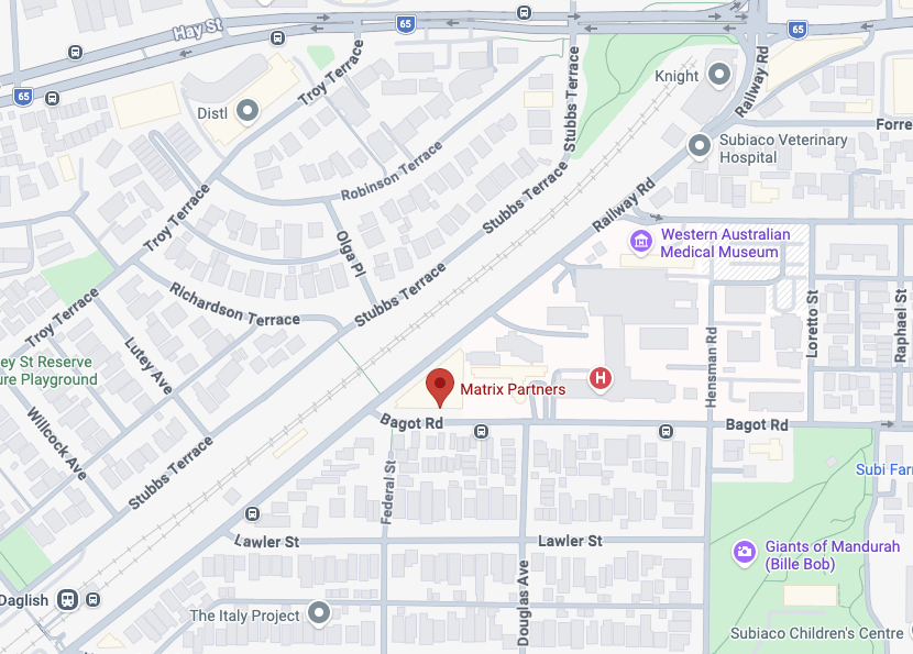Map showing GO TLC office location at Matrix Business Partners on Bagot Road, Subiaco